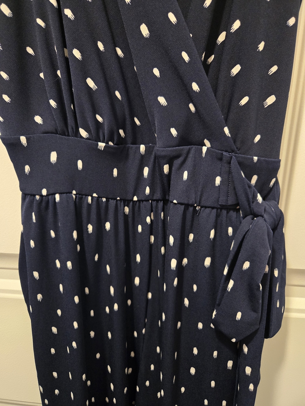Kaileigh Navy and White Polka-Dot Wrap Jumpsuit with Tie Waist - Picture 5 of 9